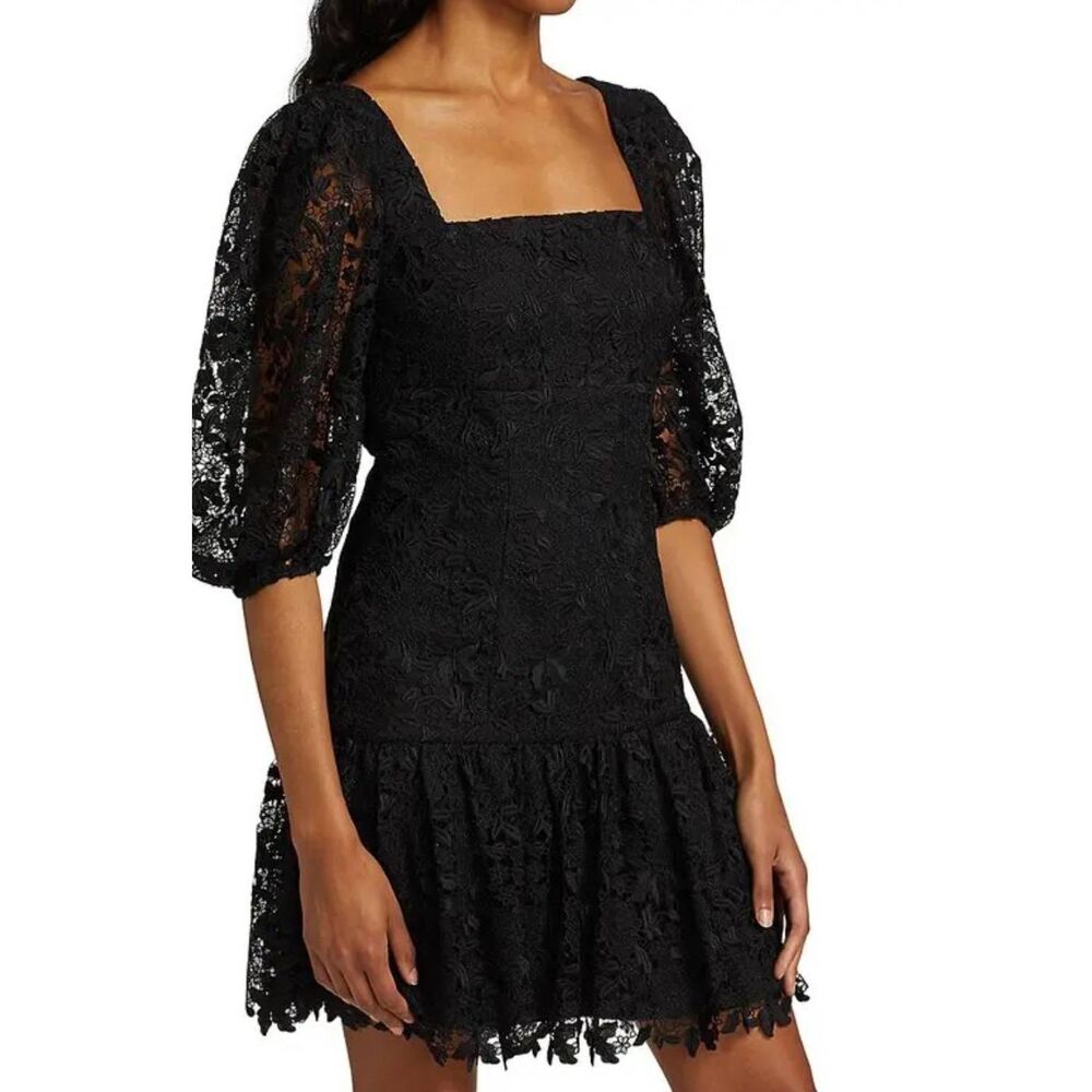 Monique Lhuillier Puff Sleeve Blk Lace, Square Neck Short Dress NWT Sz.2